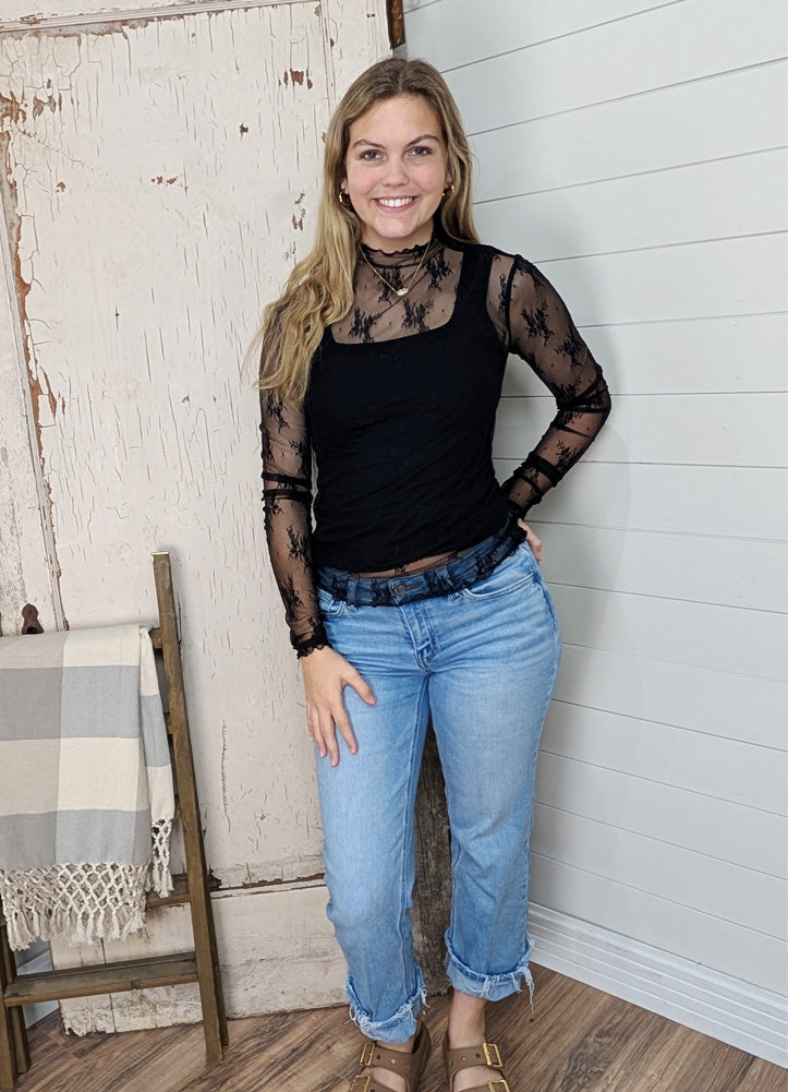 Mock Neck Lace LS with Thumb Holes in Black by Hem & Thread