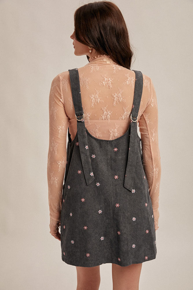 Floral Embroidered Corduroy Pinafore Dress in Teal by Hem & Thread