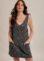 Floral Embroidered Corduroy Pinafore Dress in Teal by Hem & Thread