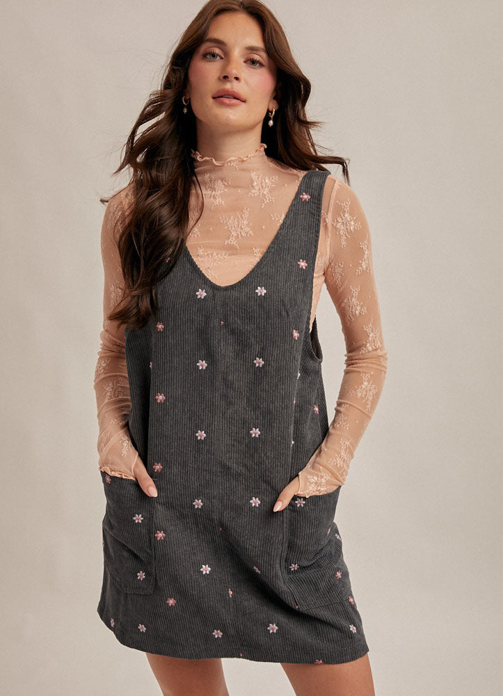 Floral Embroidered Corduroy Pinafore Dress in Teal by Hem & Thread