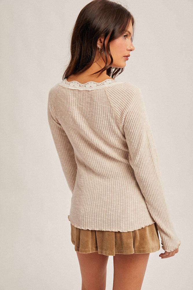 Brushed Rib Lace Trimmed Henley in Soft Taupe by Hem & Thread
