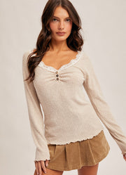 Brushed Rib Lace Trimmed Henley in Soft Taupe by Hem & Thread