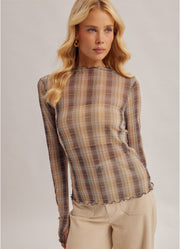 Plaid Mesh LS Mock Neck in Mustard/Grey by Hem & Thread