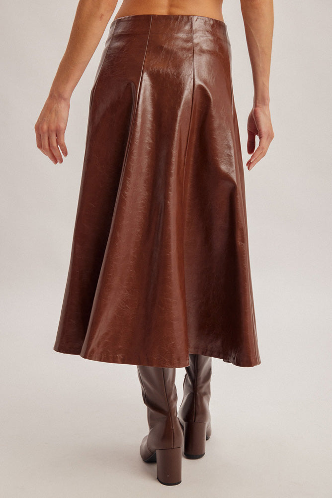 Faux Leather Midi Skirt in Sepia Brown by Hem & Thread