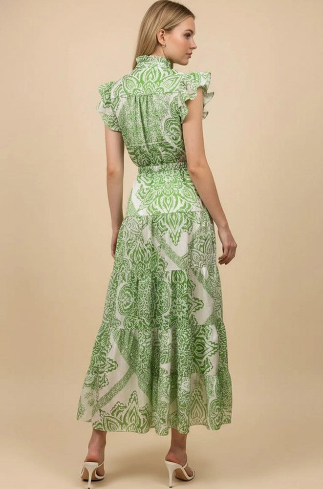Paisley Print Tiered Maxi Dress in Apple Green by PINCH