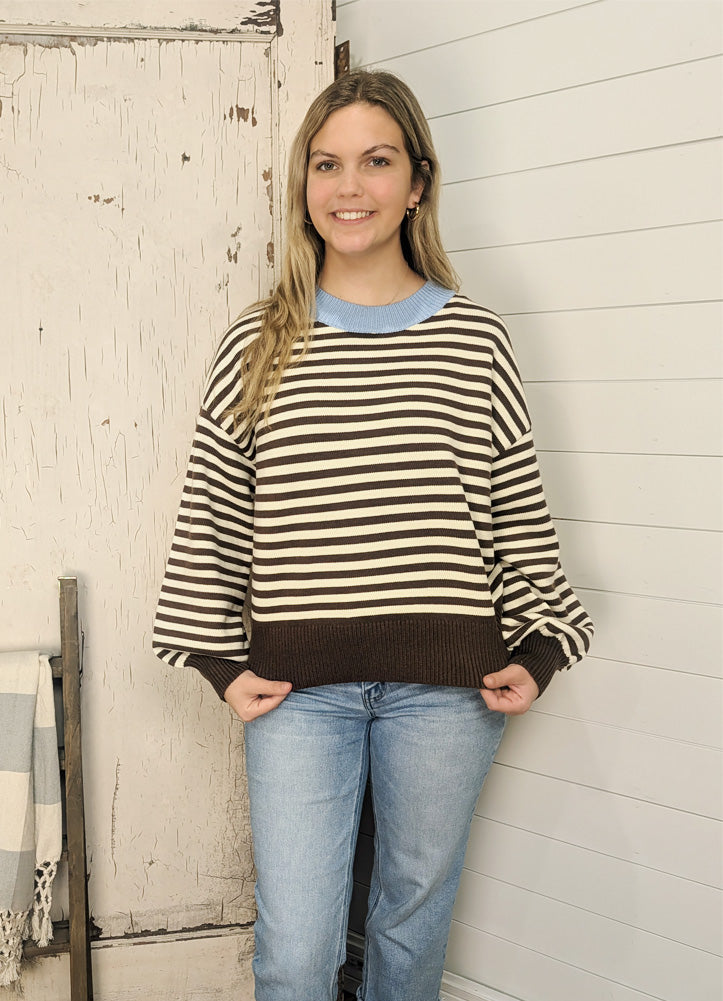 Striped Sweater in Brown/Cream by Hem & Thread