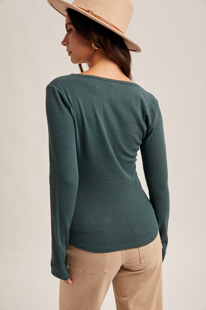 Lace Trim Detailed LS Rib Top in Forest Green by Hem & Thread