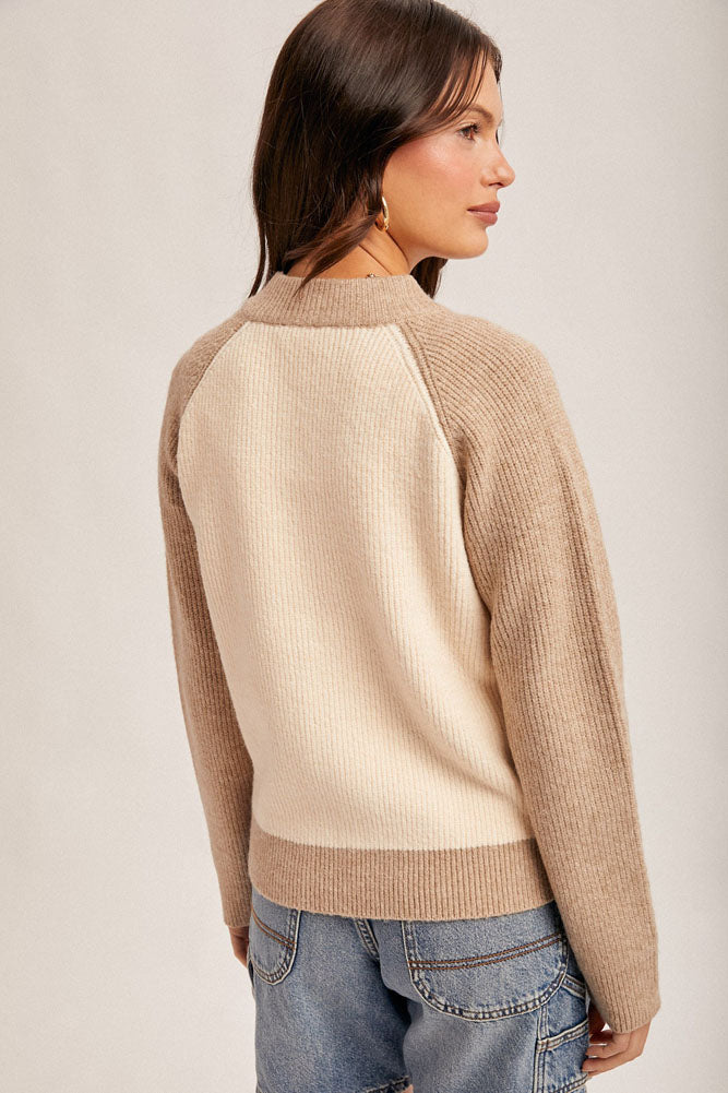 Color Block Varsity Cardigan in Cream/Taupe by Hem & Thread