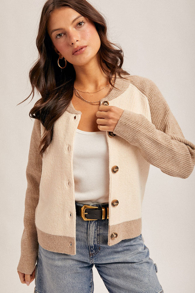 Color Block Varsity Cardigan in Cream/Taupe by Hem & Thread