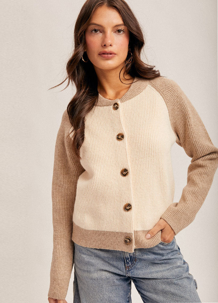 Color Block Varsity Cardigan in Cream/Taupe by Hem & Thread