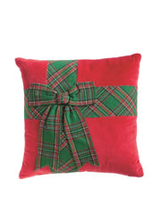 Green Tartan Bow Velvet Pillow by Mud Pie