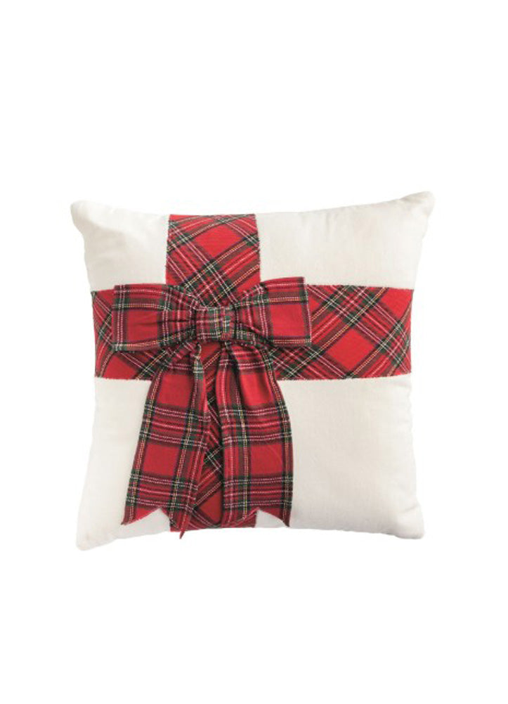 Red Tartan Bow Velvet Pillow by Mud Pie