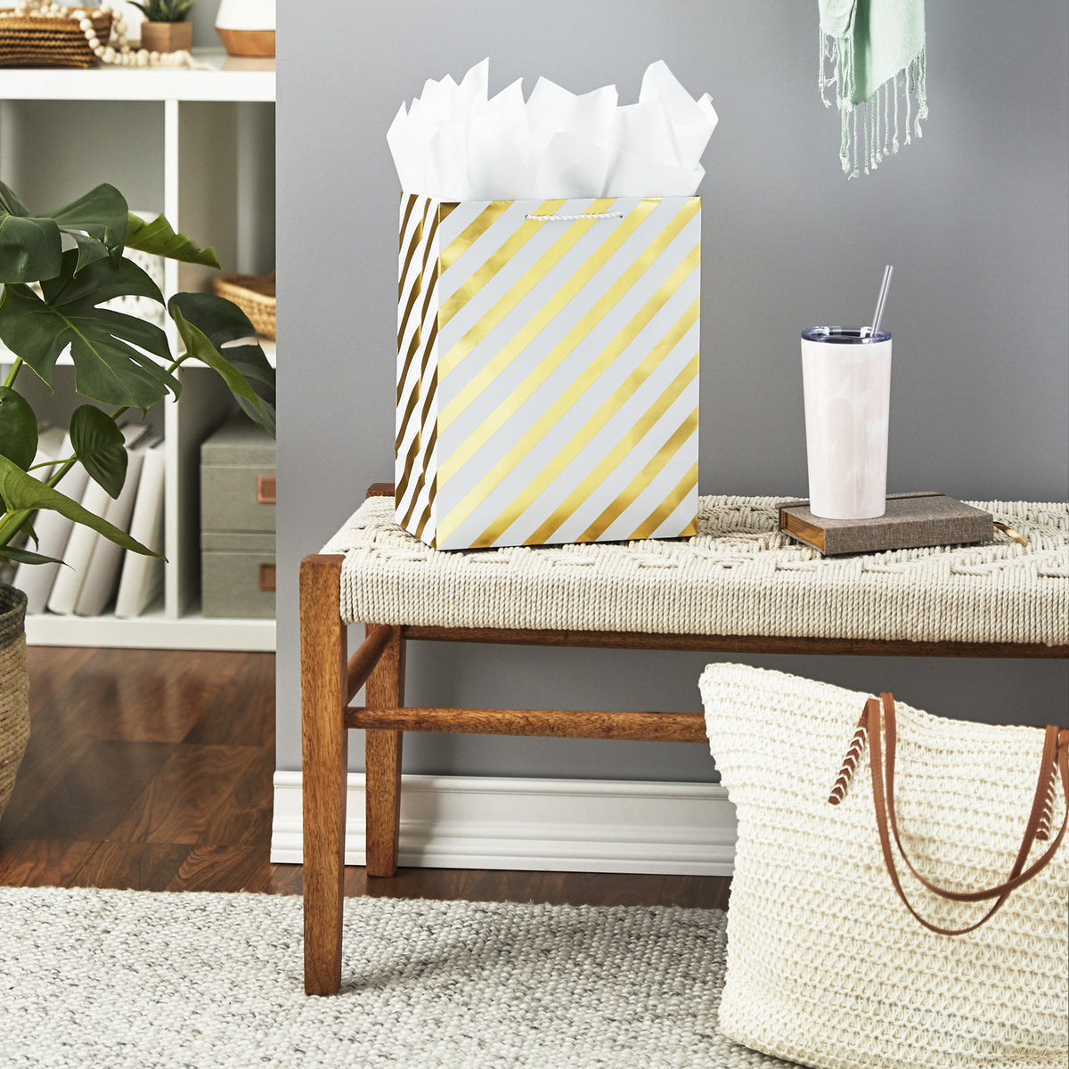 Hallmark 13" Gold and White Diagonal Stripes Large Gift Bag