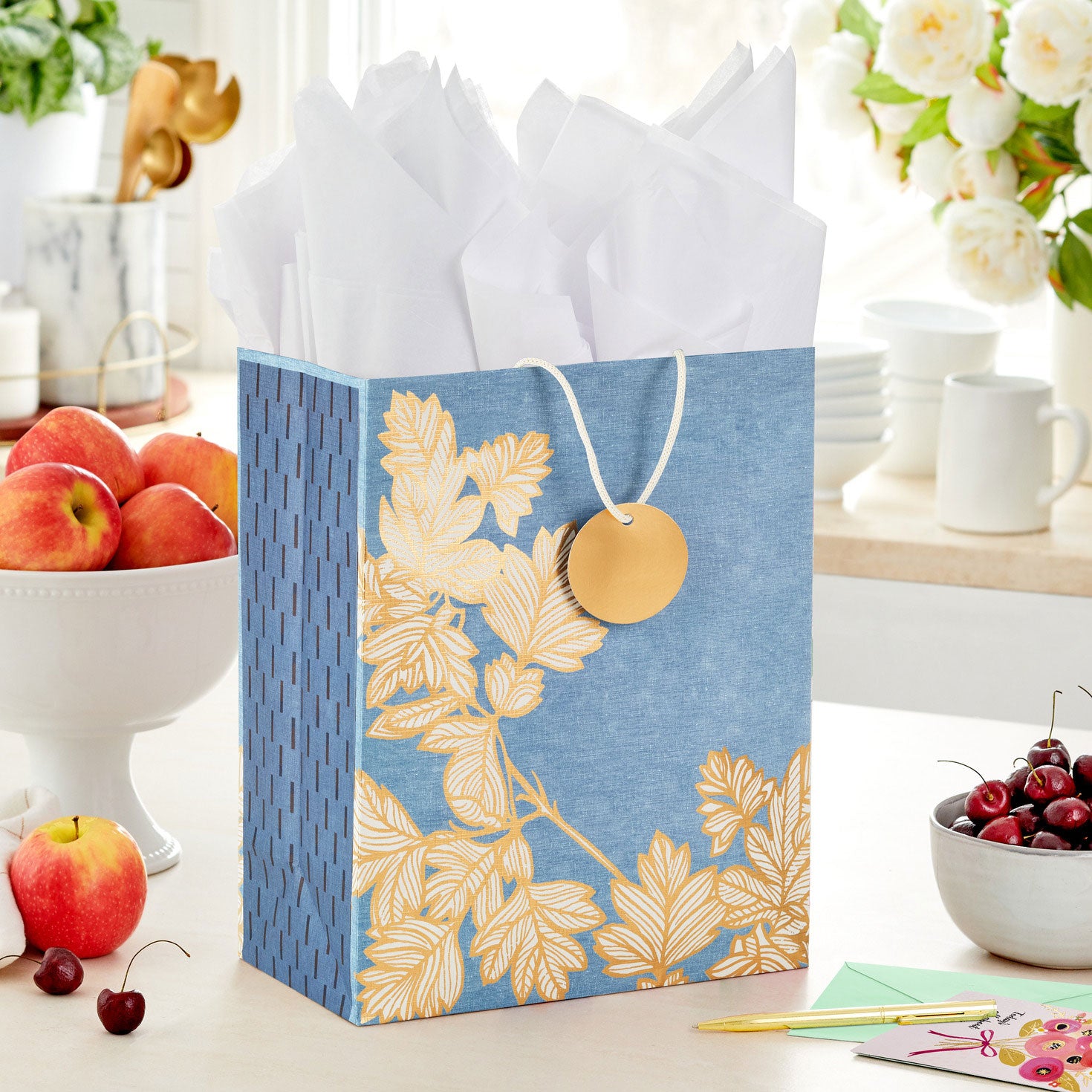 Hallmark 13'' Gold Leaves on Chambray Blue Large Gift Bag