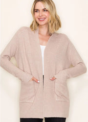 Long Sleeve Ribbed Cardigan w/ Pocket in Oatmeal by Staccato