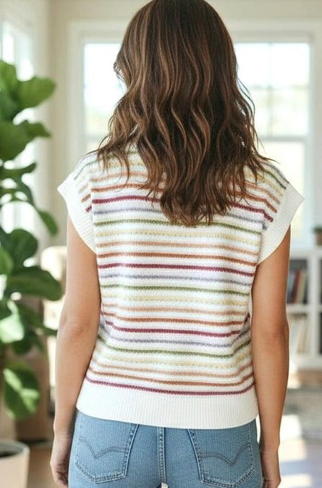 Multi Color Crochet Striped SS Sweater by Staccato