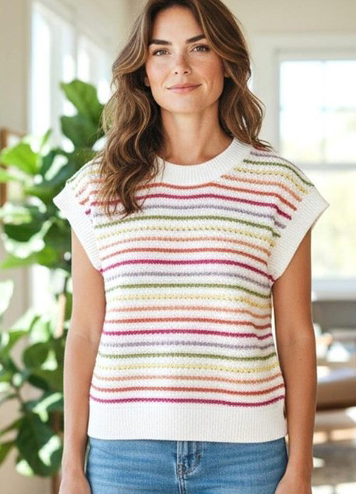 Multi Color Crochet Striped SS Sweater by Staccato