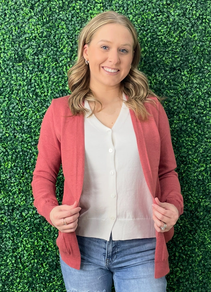 Twofer Button Down Cardigan in Marsala by Staccato
