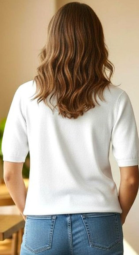 Half Sleeve Solid Basic Sweater in Off White by Staccato