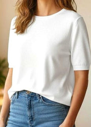 Half Sleeve Solid Basic Sweater in Off White by Staccato