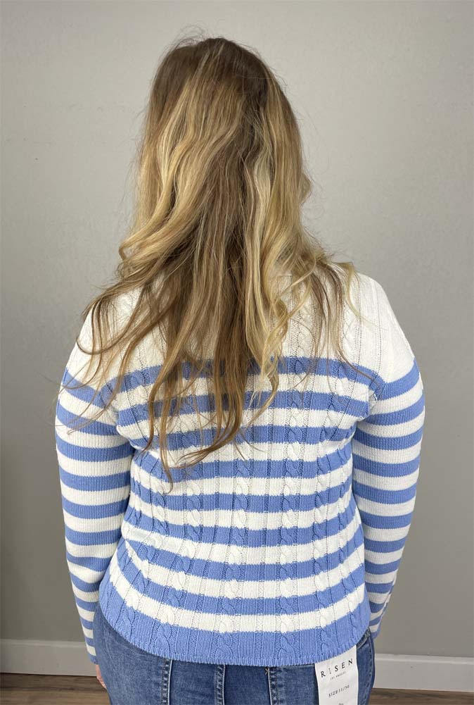 Striped LS Button Down Cardigan in Blue by Staccato