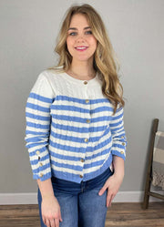 Striped LS Button Down Cardigan in Blue by Staccato