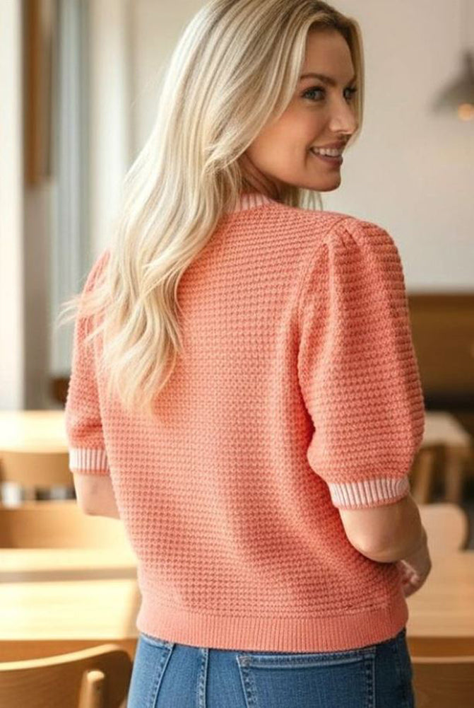 Waffle Textured Short Balloon Sleeve Top in Papaya by Staccato
