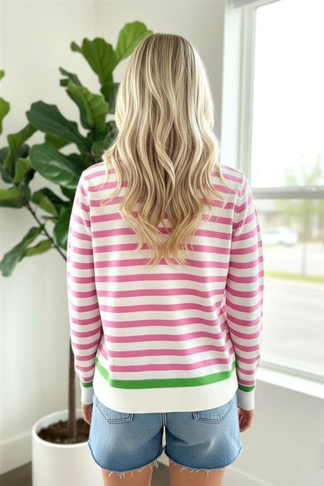 Striped LS Button Down Cardigan in Pink by Staccato