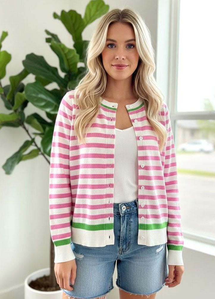 Striped LS Button Down Cardigan in Pink by Staccato