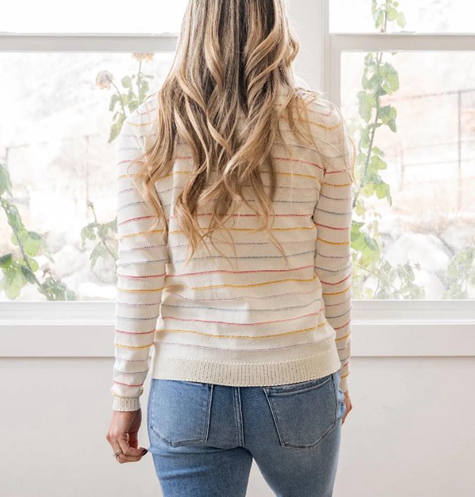 Pointelle Stripe LS Sweater in White by Staccato