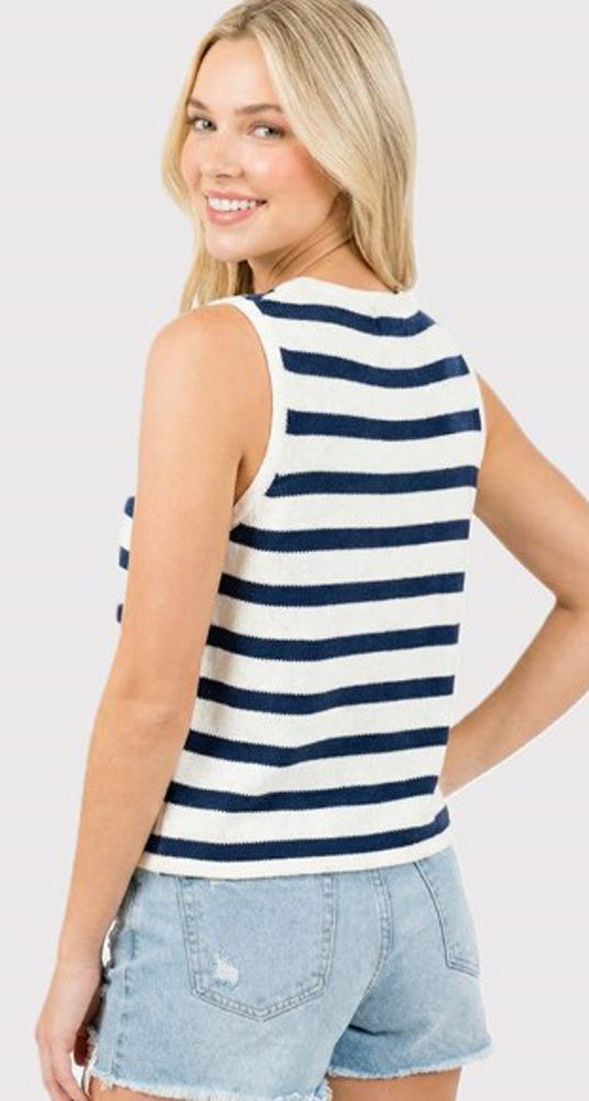 Striped Button Down Sweater Vest in Ivory/Navy by Staccato