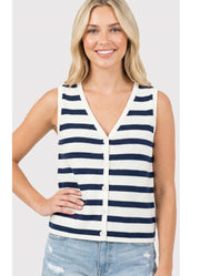 Striped Button Down Sweater Vest in Ivory/Navy by Staccato