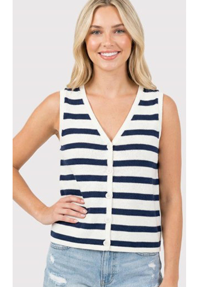 Striped Button Down Sweater Vest in Ivory/Navy by Staccato