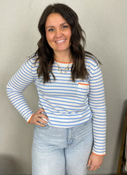 Blanket Stitch Striped Knit Top in Chambray by Staccato