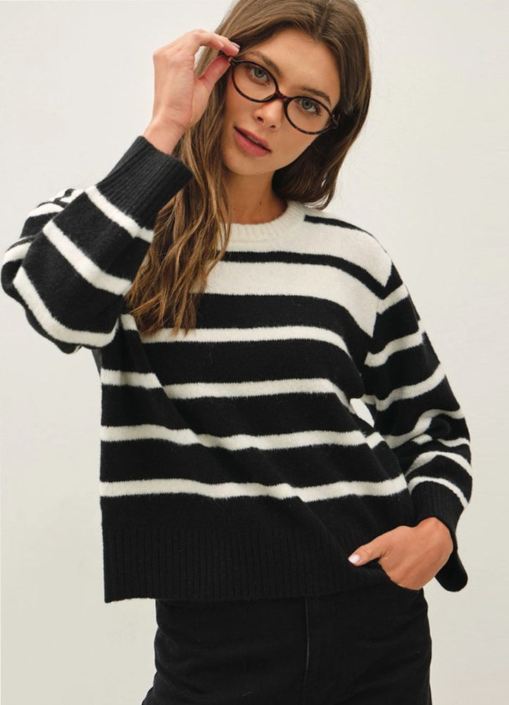 Striped Cozy Knit Sweater in Black by Be Cool