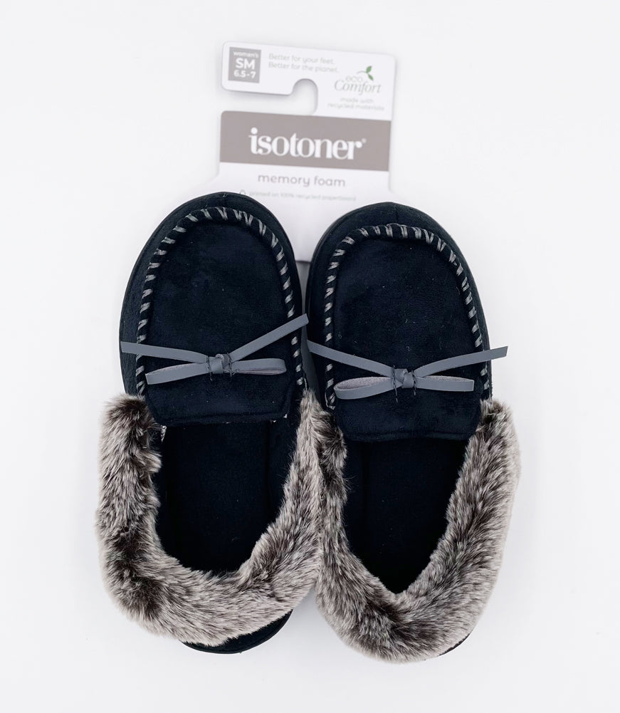 Memory Foam Fur Lined Slip On in Black by Isotoner