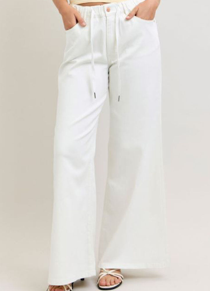 HW Featherweight Palazzo Rose Gold Trim Pants in White by Judy Blue