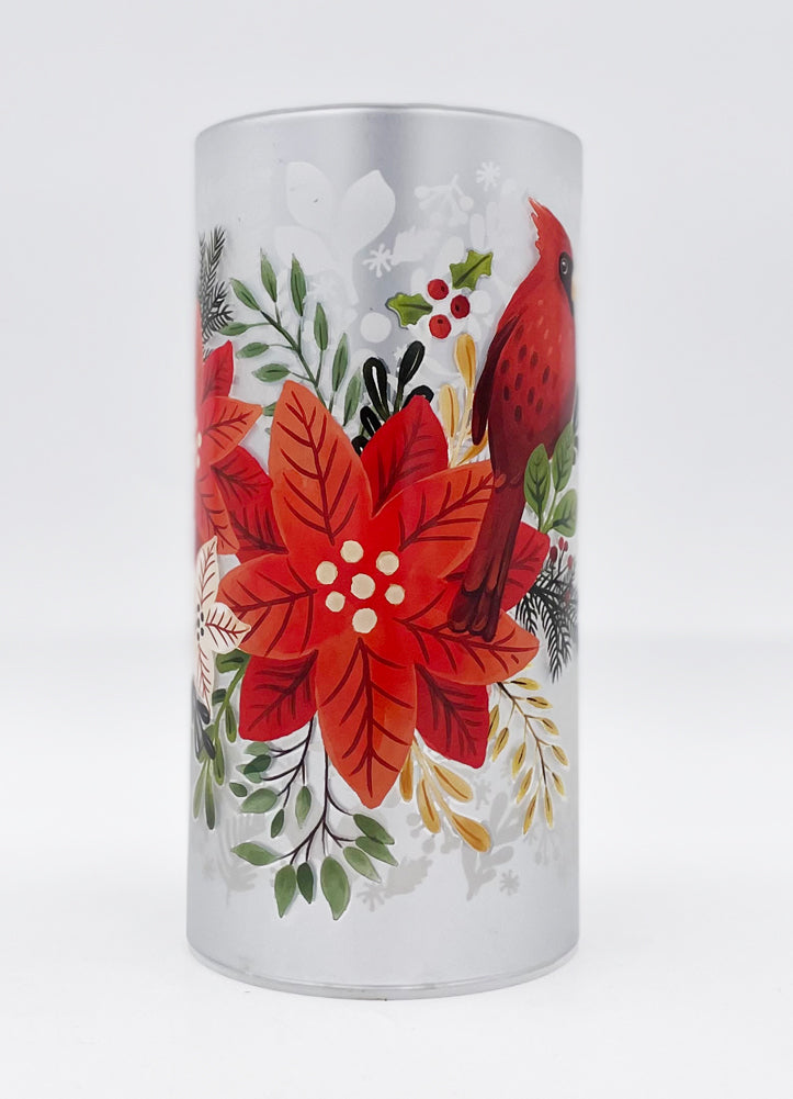 8'' LED Lasercut Glass Table Décor with Cardinal and Poinsettia Design by Evergreen