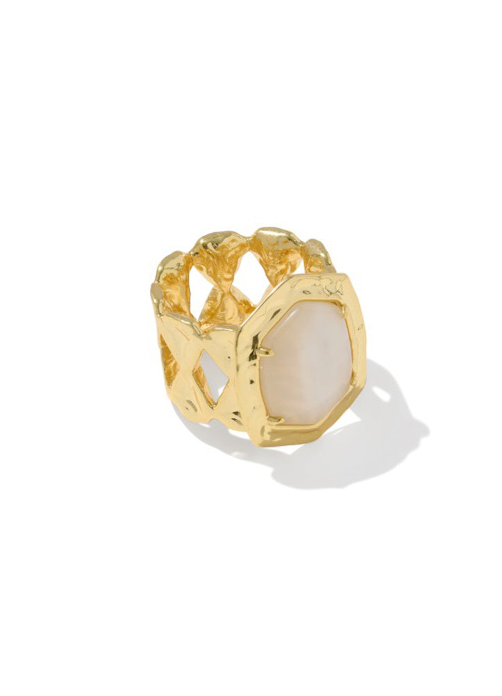 Tiger Striped Daphne Cocktail Ring Gold Natural Mother of Pearl