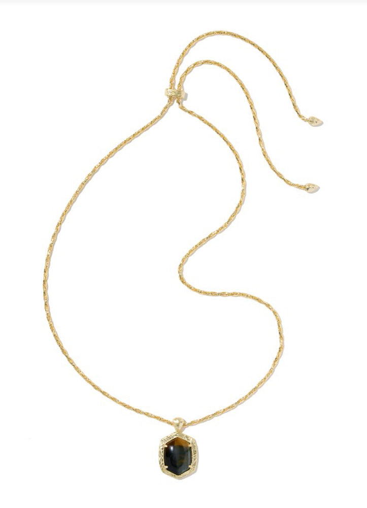 Tiger Striped Daphne Small Long Gold Dark Brown Hawks Eye Pendant Necklace by Kendra Scott