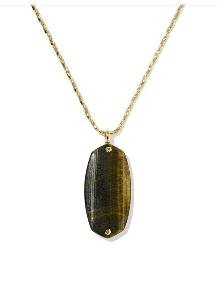 Danielle Riveted Long Pendant Gold Necklace in Dark Brown Hawkseye by Kendra Scott