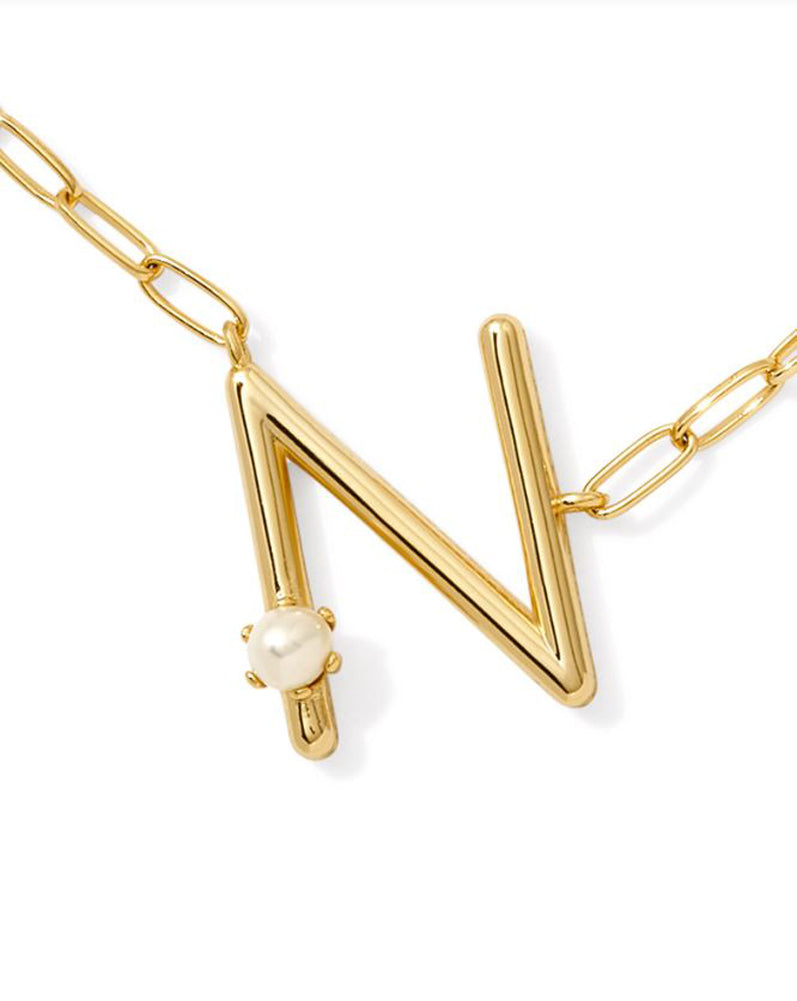 Pearl Letter N Pendant Necklace Gold White Pearl by Kendra Scott