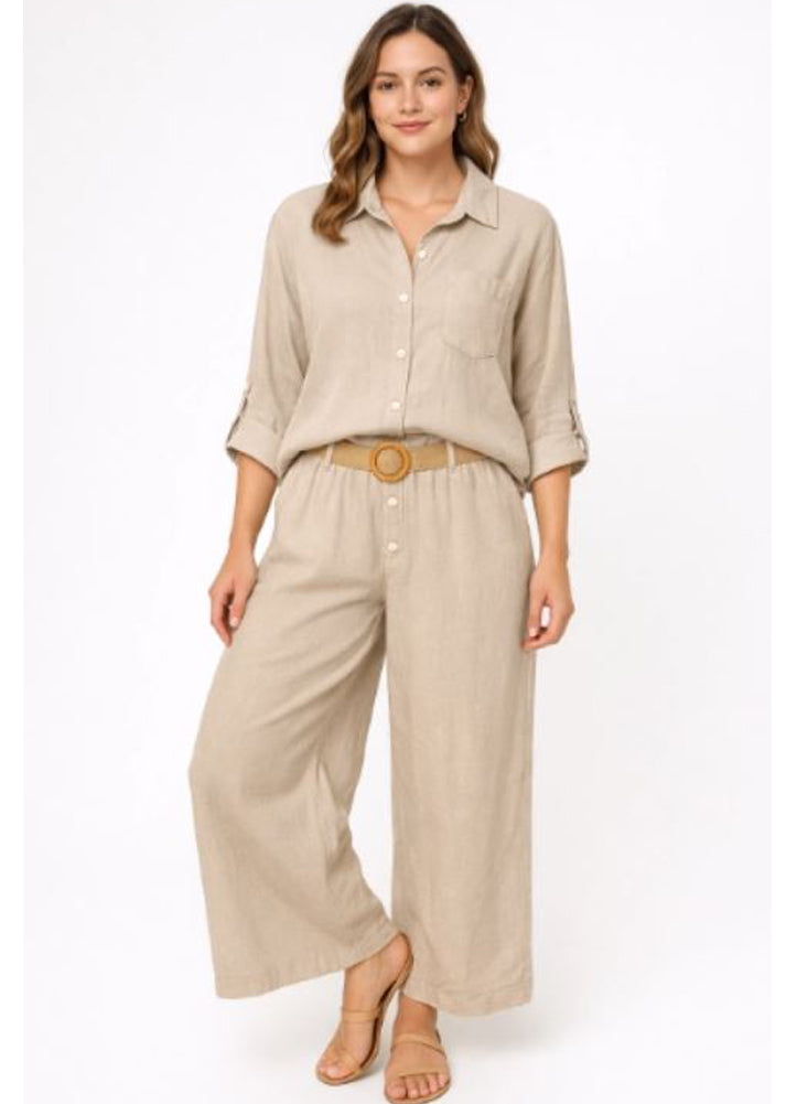 Linen Wide Leg Pants with Belt in Sand by Urban Mangoz
