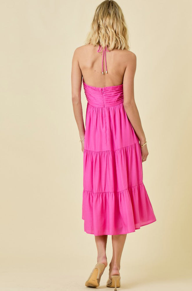 Halter Ruched V Notched Tiered Midi Dress in Pink by day + moon