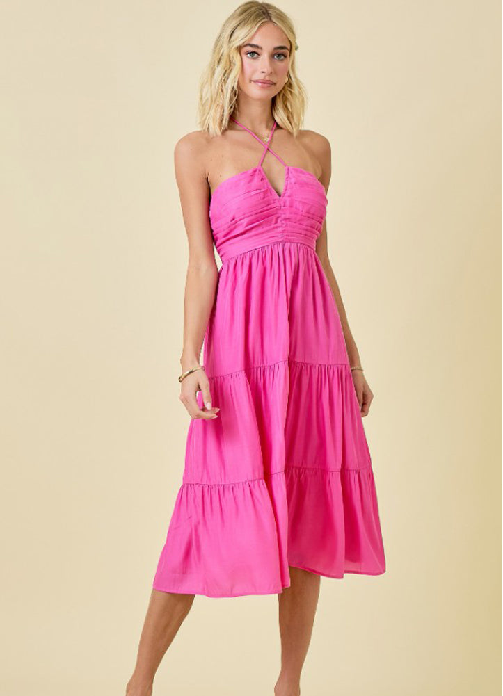 Halter Ruched V Notched Tiered Midi Dress in Pink by day + moon