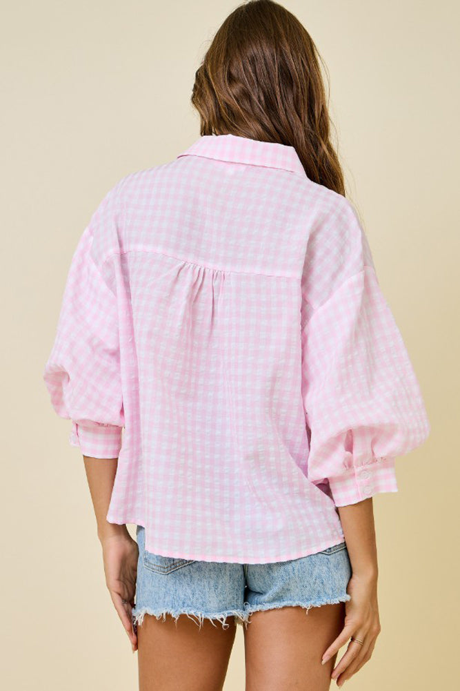 Gingaham Button Down Shirt with 3/4 Bubble Sleeves in Pink/White by day + moon