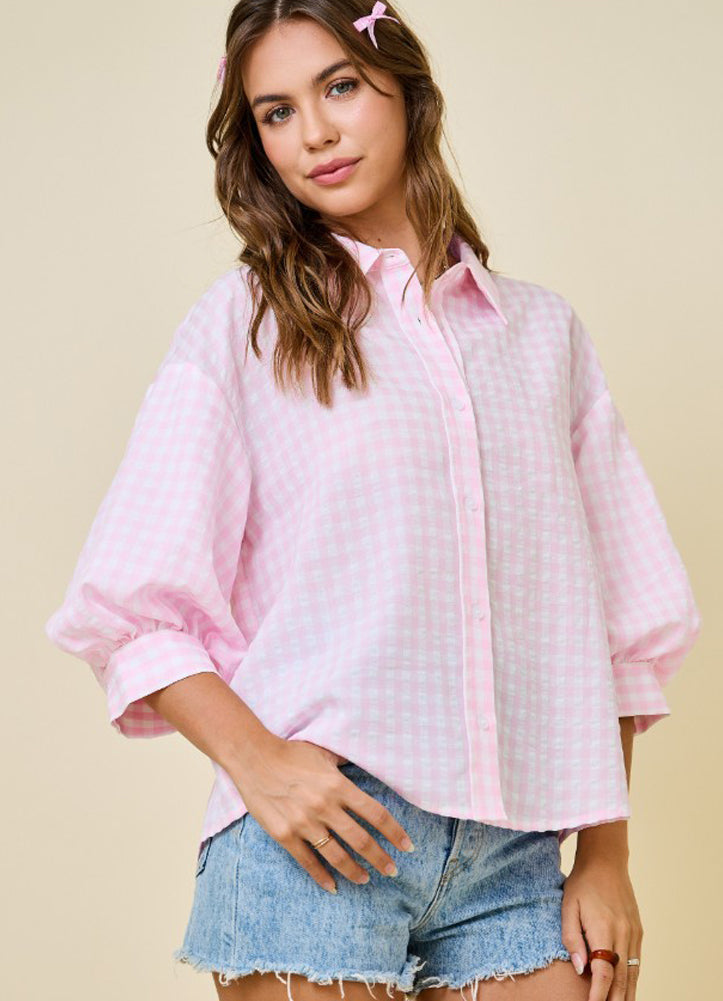 Gingaham Button Down Shirt with 3/4 Bubble Sleeves in Pink/White by day + moon