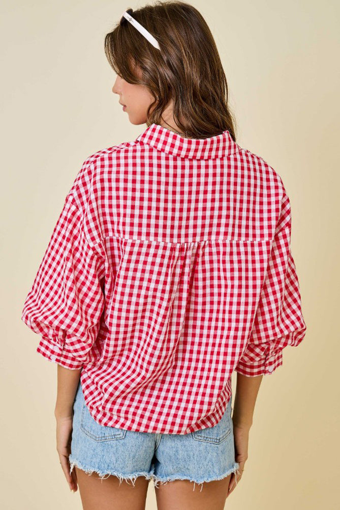 Gingaham Button Down Shirt with 3/4 Bubble Sleeves in Red/White by day + moon