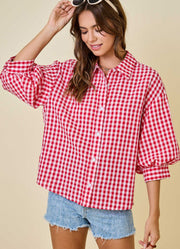 Gingaham Button Down Shirt with 3/4 Bubble Sleeves in Red/White by day + moon