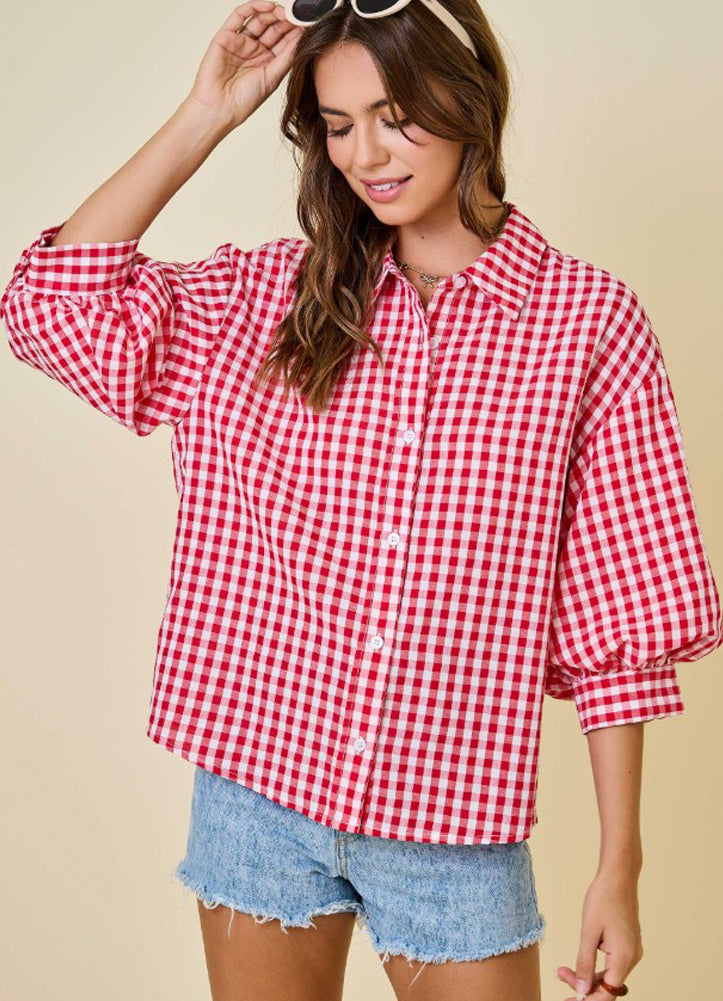 Gingaham Button Down Shirt with 3/4 Bubble Sleeves in Red/White by day + moon